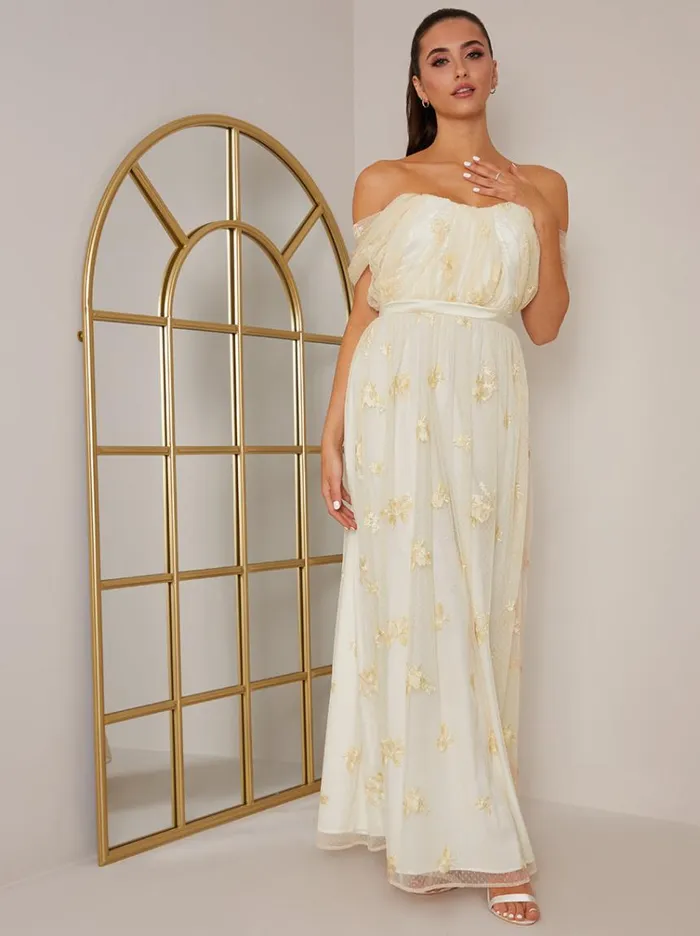 Chi Chi London Bardot Embroidered Floral Lace Maxi Dress In Cream Women Embroidered Dresses Chi Chi London Bardot Embroidered Floral Lace Maxi Dress In Cream Women Embroidered Dresses