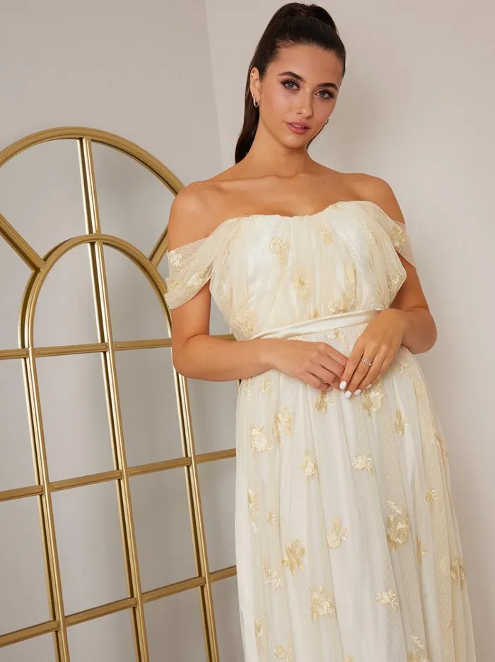 Chi Chi London Bardot Embroidered Floral Lace Maxi Dress In Cream Women Embroidered Dresses