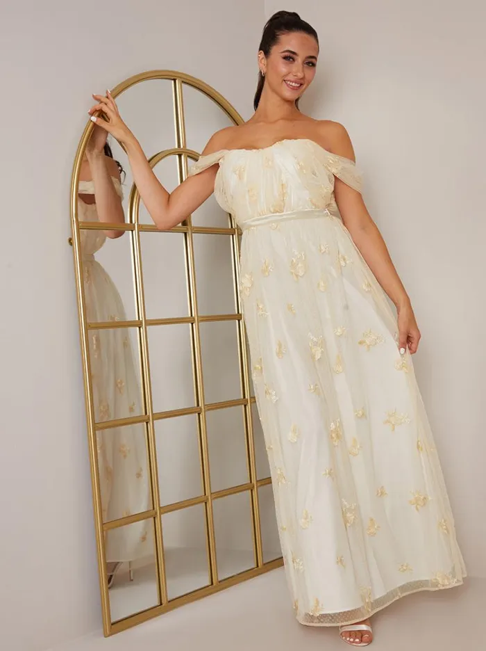 Chi Chi London Bardot Embroidered Floral Lace Maxi Dress In Cream Women Embroidered Dresses