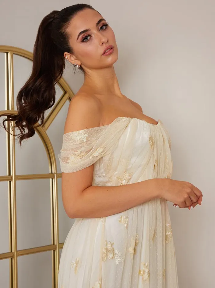 Chi Chi London Bardot Embroidered Floral Lace Maxi Dress In Cream Women Embroidered Dresses