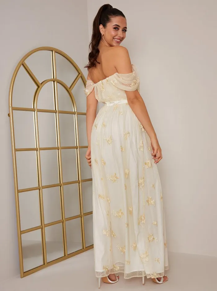 Chi Chi London Bardot Embroidered Floral Lace Maxi Dress In Cream Women Embroidered Dresses