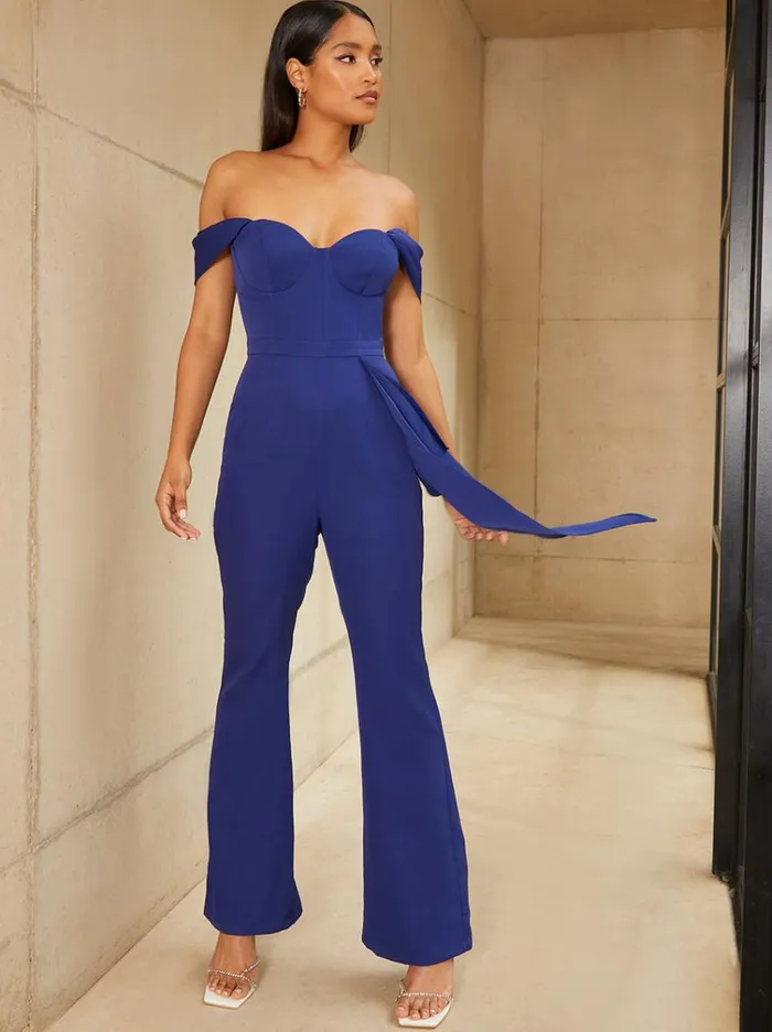 Chi Chi London Bardot Style Jumpsuit In Blue Women Jumpsuits