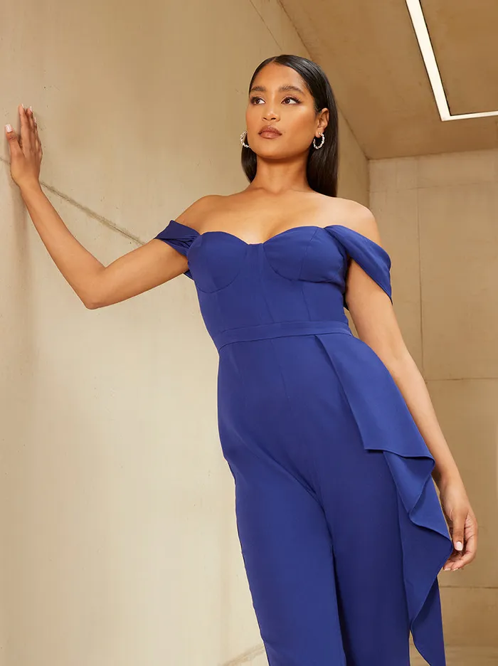 Chi Chi London Bardot Style Jumpsuit In Blue Women Jumpsuits