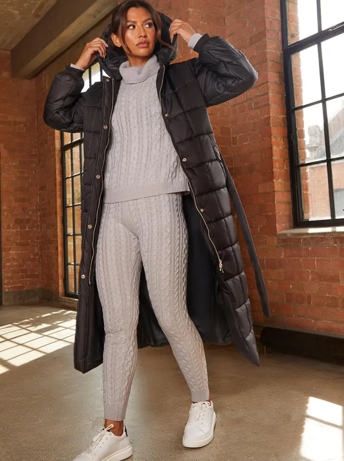 Chi Chi London Check Padded Longline Belted Coat In Black Women Winterwear