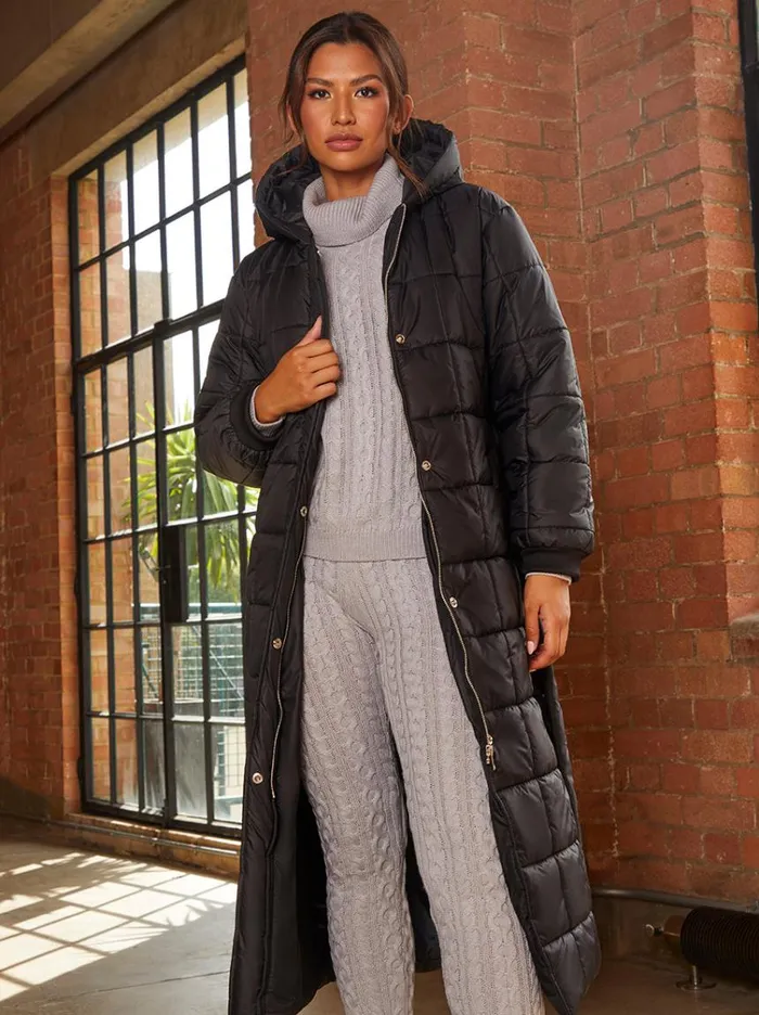 Chi Chi London Check Padded Longline Belted Coat In Black Women Winterwear