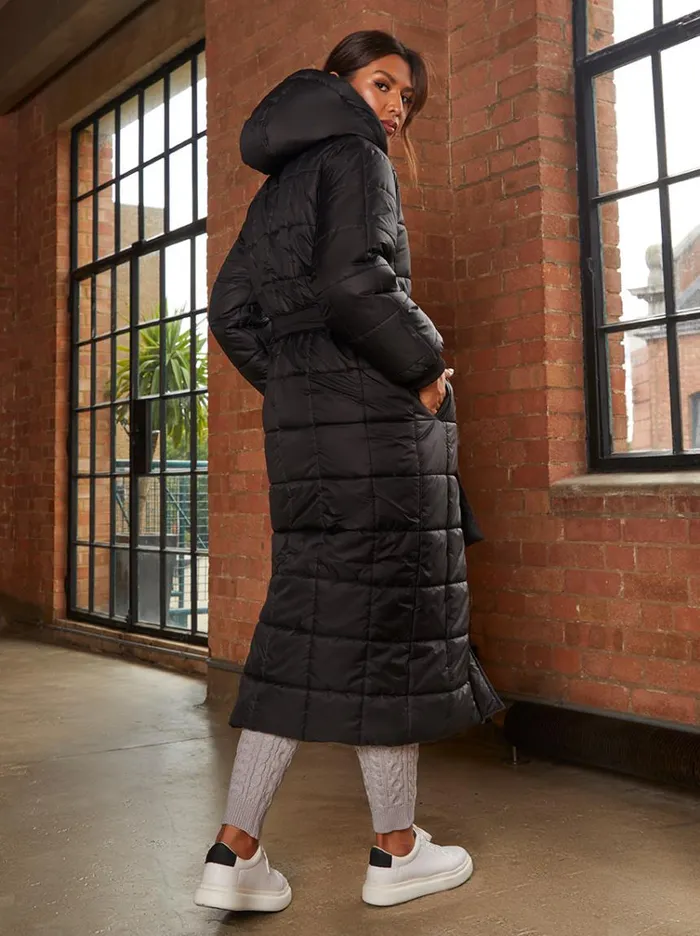 Chi Chi London Check Padded Longline Belted Coat In Black Women Winterwear