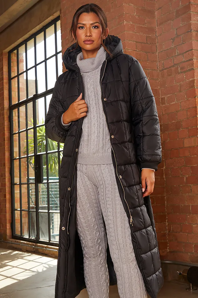 Chi Chi London Check Padded Longline Belted Coat In Black Women Winterwear