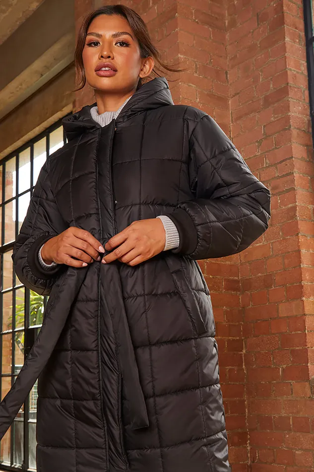 Chi Chi London Check Padded Longline Belted Coat In Black Women Winterwear