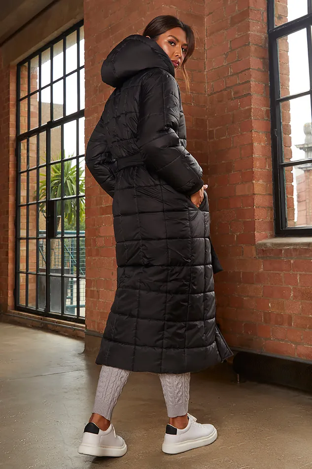 Chi Chi London Check Padded Longline Belted Coat In Black Women Winterwear