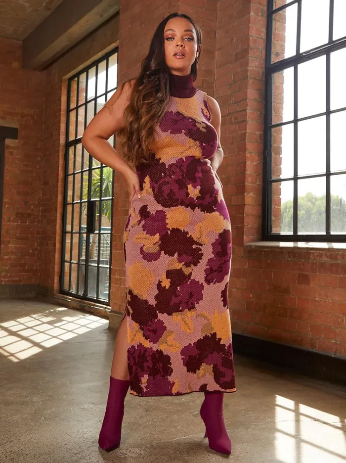Chi Chi London Dark Floral Print High Neck Knitted Midi Dress In Multi Women Jumper Dresses Chi Chi London Dark Floral Print High Neck Knitted Midi Dress In Multi Women Jumper Dresses
