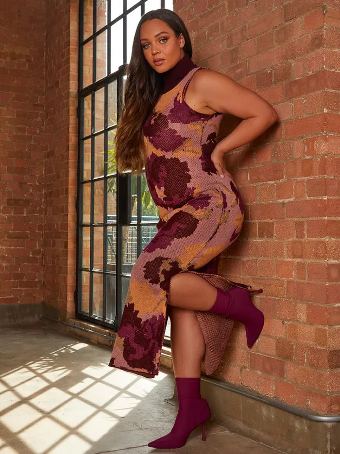 Chi Chi London Dark Floral Print High Neck Knitted Midi Dress In Multi Women Jumper Dresses