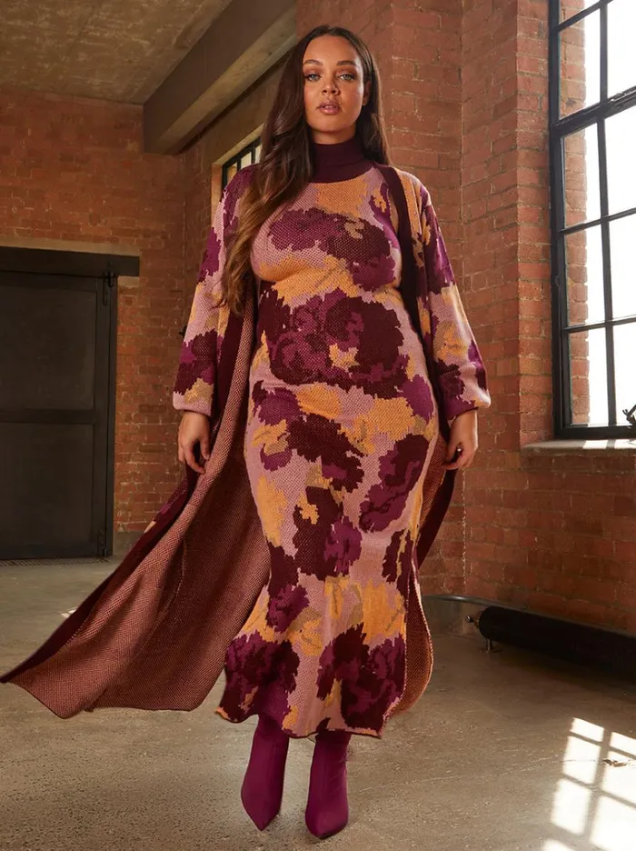 Chi Chi London Dark Floral Print High Neck Knitted Midi Dress In Multi Women Jumper Dresses