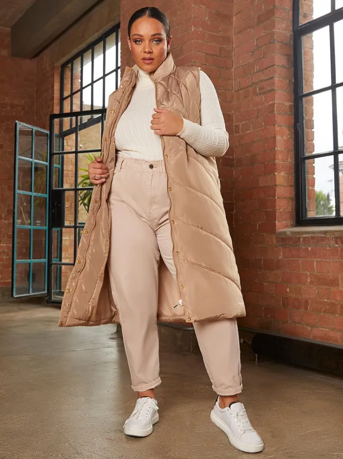 Chi Chi London Diamond Quilt Detail Longline Padded Gilet In Tan Women Coats and Jackets