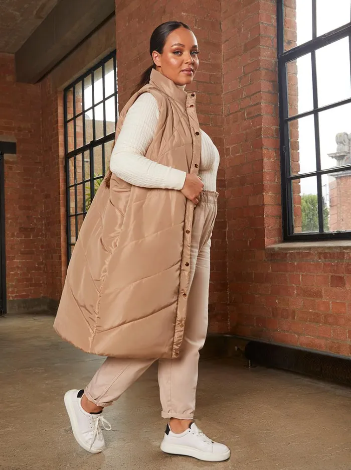 Chi Chi London Diamond Quilt Detail Longline Padded Gilet In Tan Women Coats and Jackets