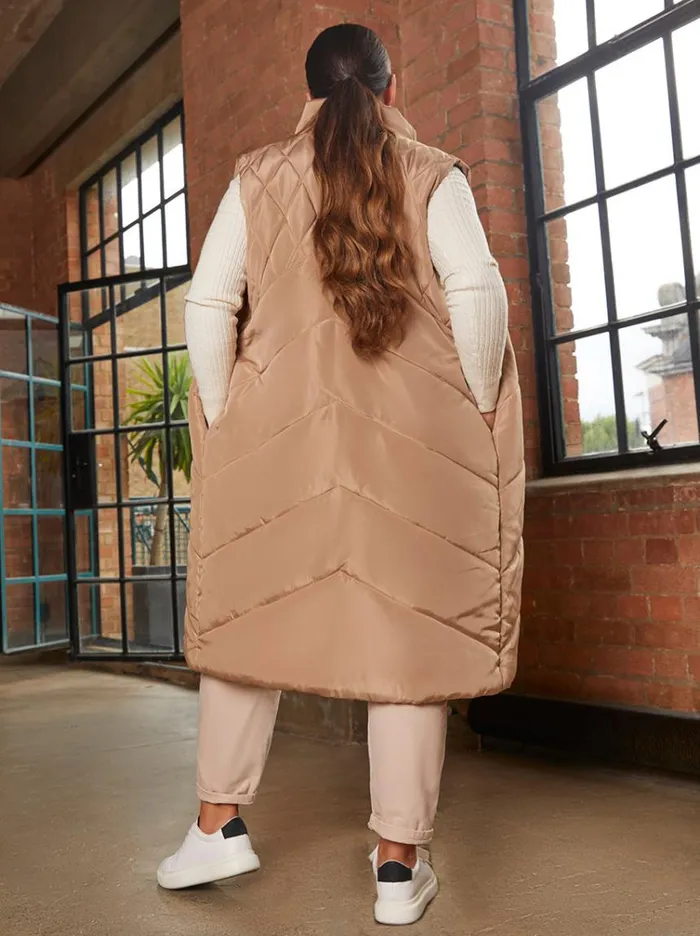 Chi Chi London Diamond Quilt Detail Longline Padded Gilet In Tan Women Coats and Jackets