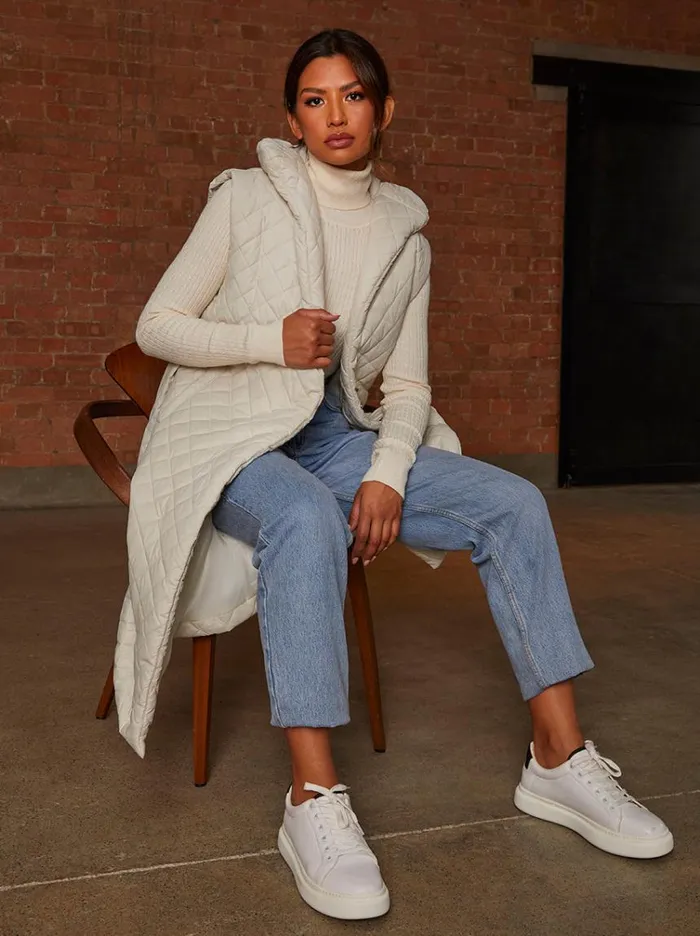 Chi Chi London Diamond Quilted Longline Belted Gilet In Cream Women Winterwear
