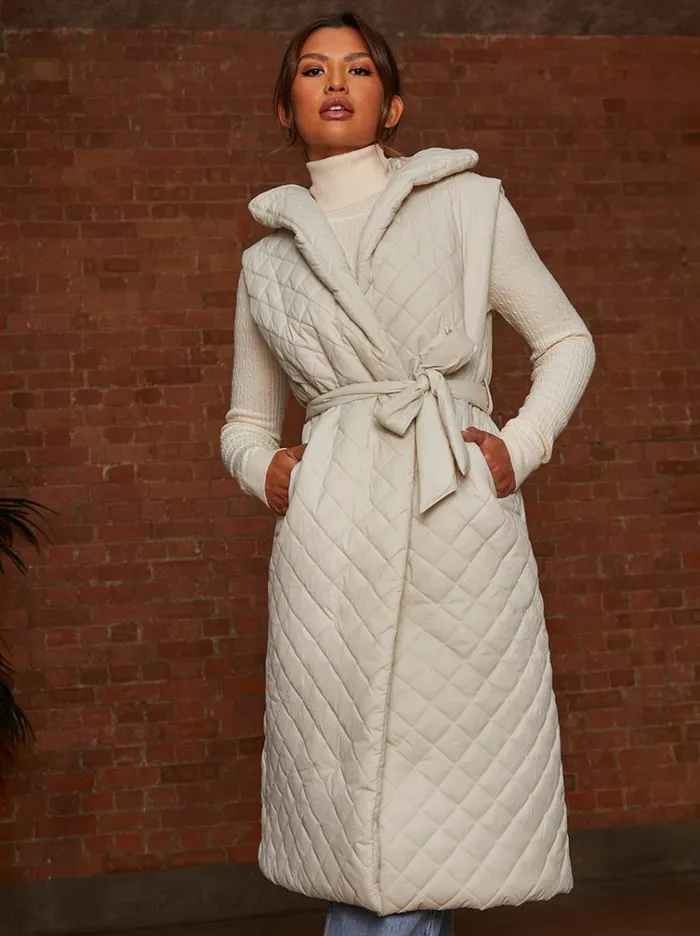 Chi Chi London Diamond Quilted Longline Belted Gilet In Cream Women Winterwear