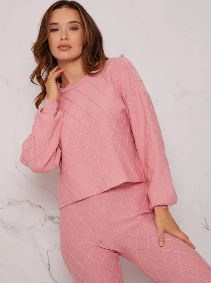 Chi Chi London Diamond Stitch Loungewear Set In Pink Women Loungewear