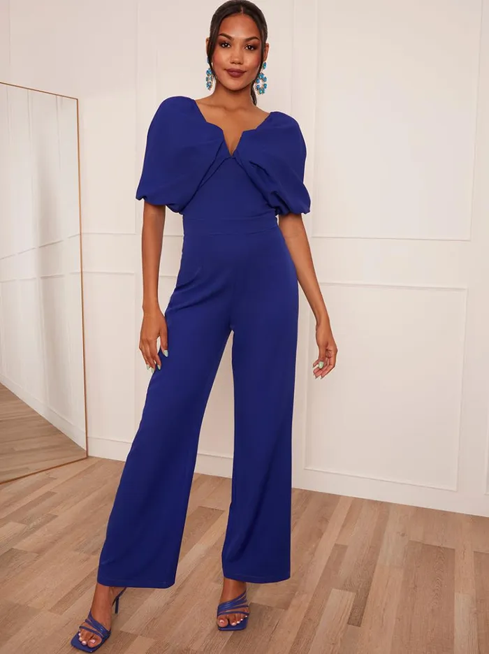 Chi Chi London Drape Sleeve Wide Leg Jumpsuit In Blue Women Jumpsuits