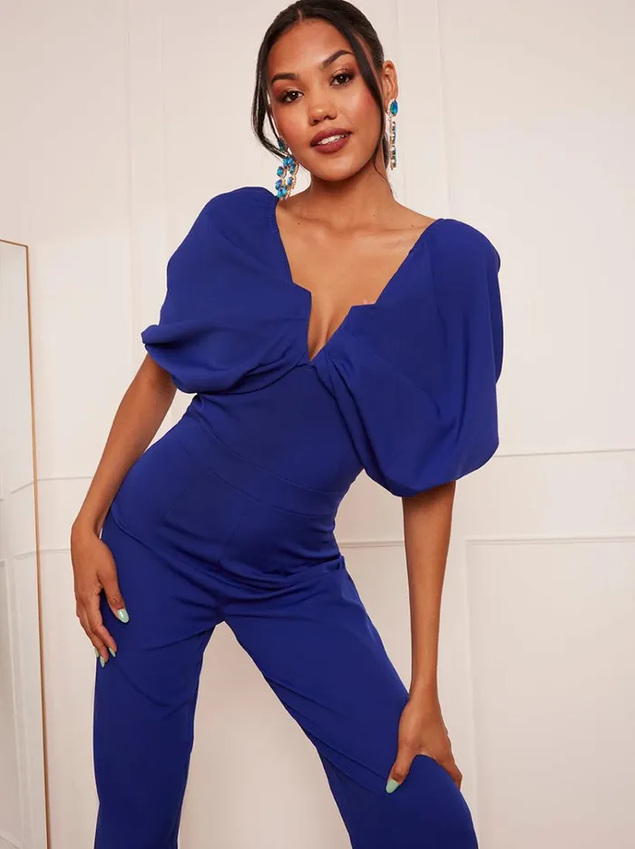 Chi Chi London Drape Sleeve Wide Leg Jumpsuit In Blue Women Jumpsuits