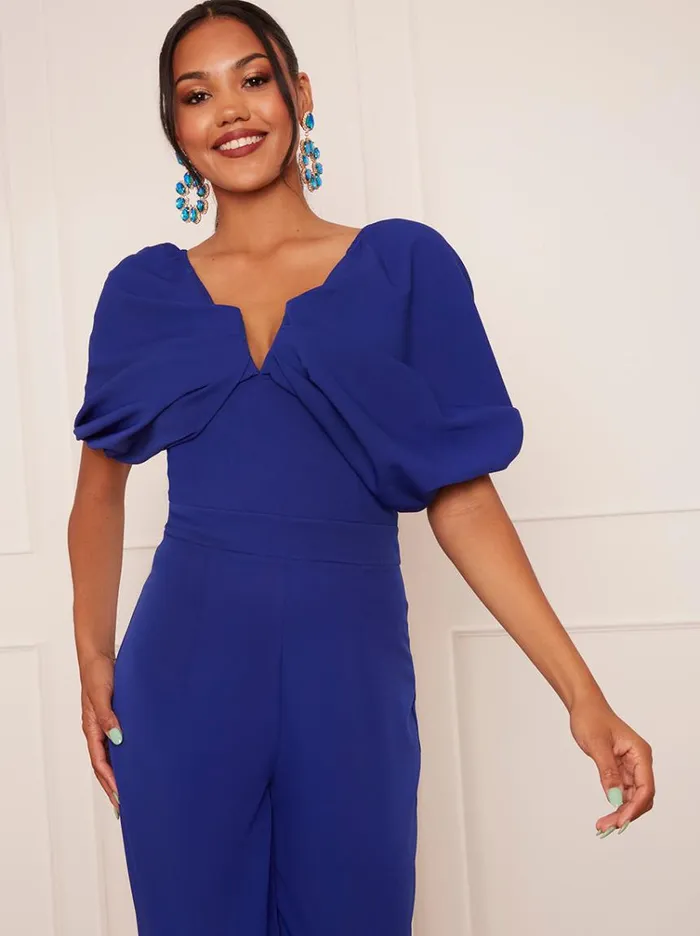 Chi Chi London Drape Sleeve Wide Leg Jumpsuit In Blue Women Jumpsuits