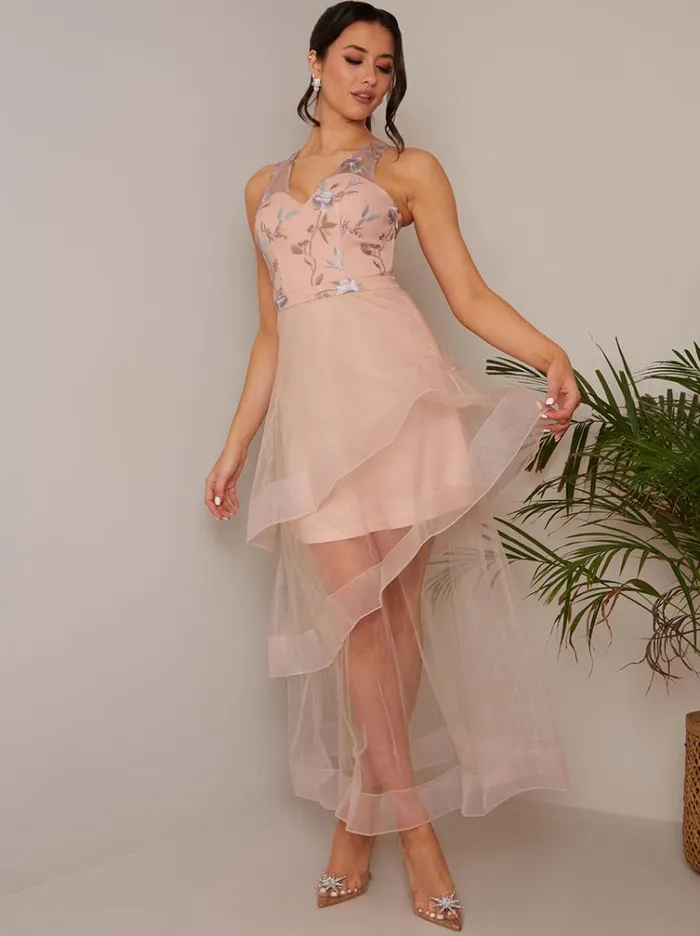 Chi Chi London Embroidered Floral Tiered Dip Hem Dress In Pink Women Floral Dresses