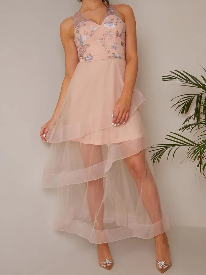 Chi Chi London Embroidered Floral Tiered Dip Hem Dress In Pink Women Floral Dresses