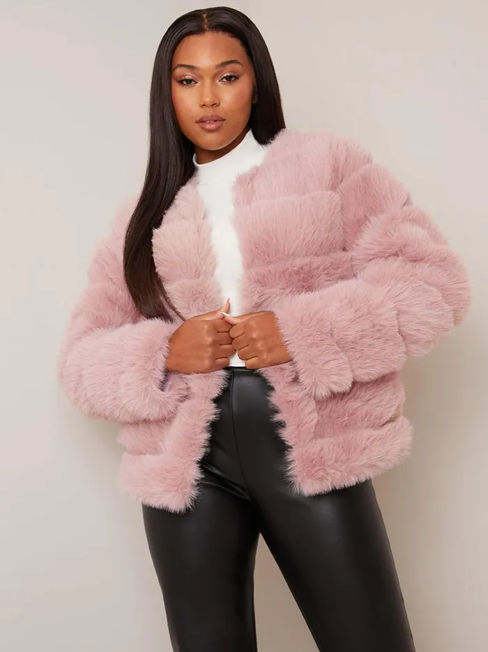 Chi Chi London Faux Fur Stripe Jacket In Pink Women Coats and Jackets