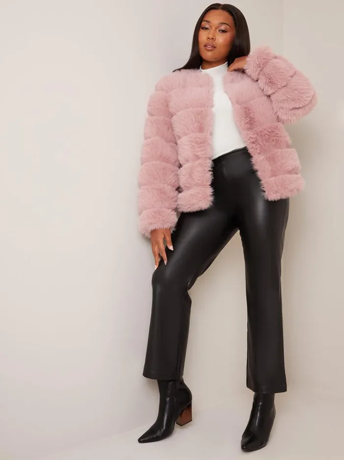 Chi Chi London Faux Fur Stripe Jacket In Pink Women Coats and Jackets