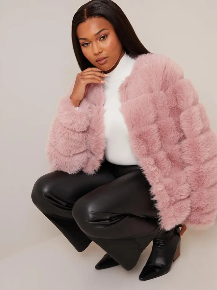 Chi Chi London Faux Fur Stripe Jacket In Pink Women Coats and Jackets