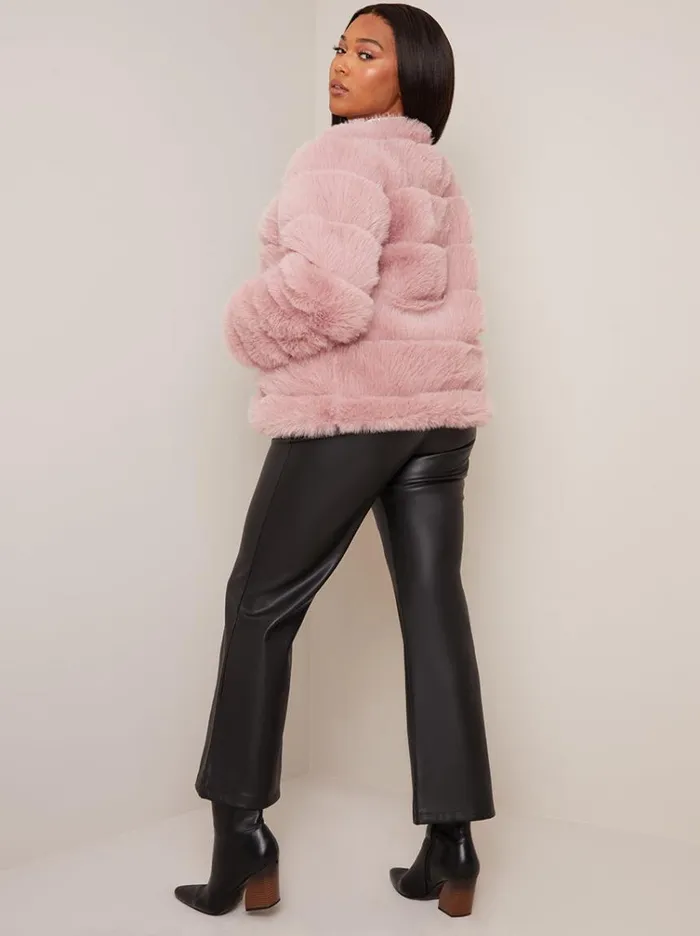 Chi Chi London Faux Fur Stripe Jacket In Pink Women Coats and Jackets