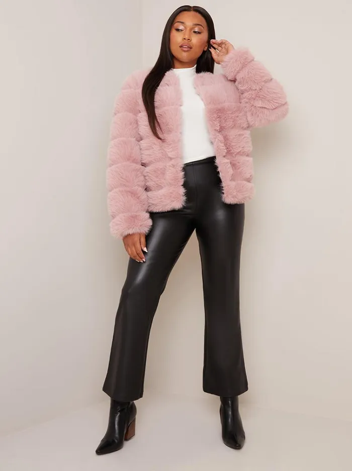 Chi Chi London Faux Fur Stripe Jacket In Pink Women Coats and Jackets