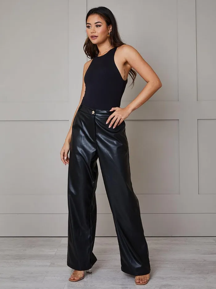 Chi Chi London Faux Leather Wide Leg Trousers In Black Women Jeans and Trousers
