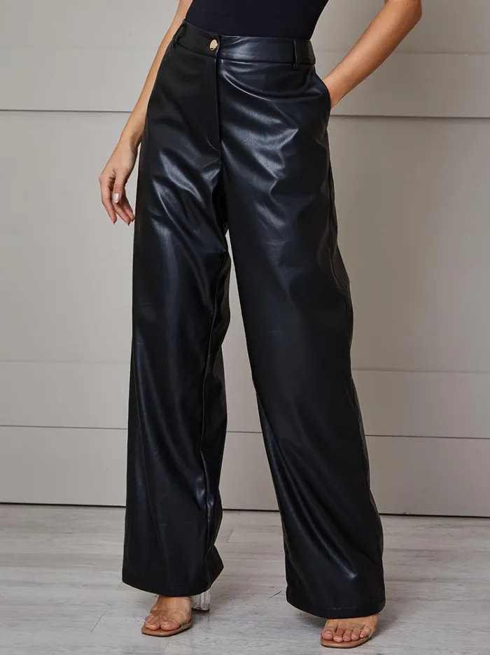 Chi Chi London Faux Leather Wide Leg Trousers In Black Women Jeans and Trousers