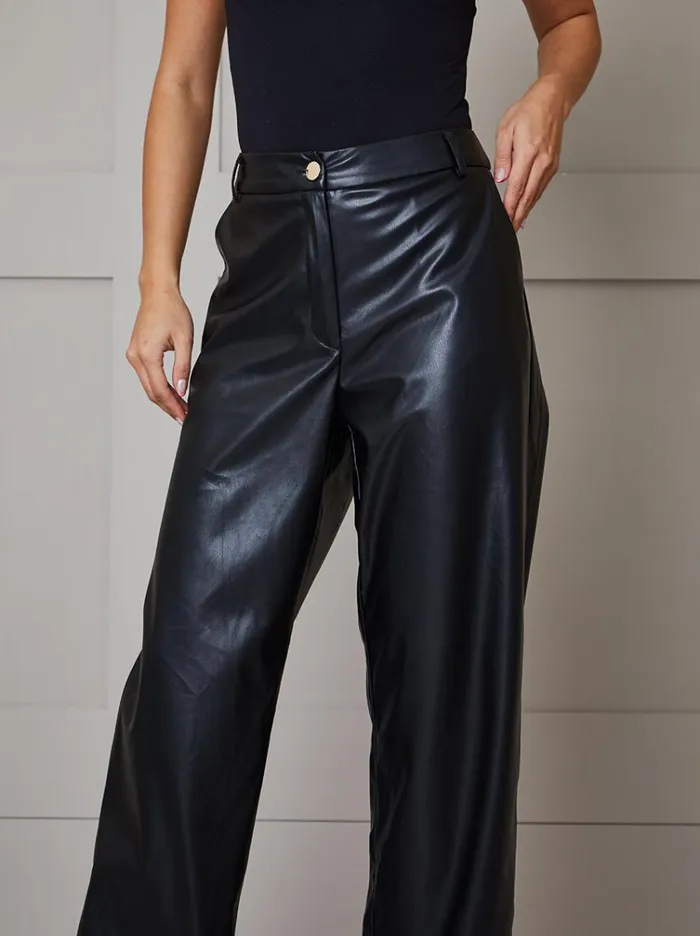 Chi Chi London Faux Leather Wide Leg Trousers In Black Women Jeans and Trousers