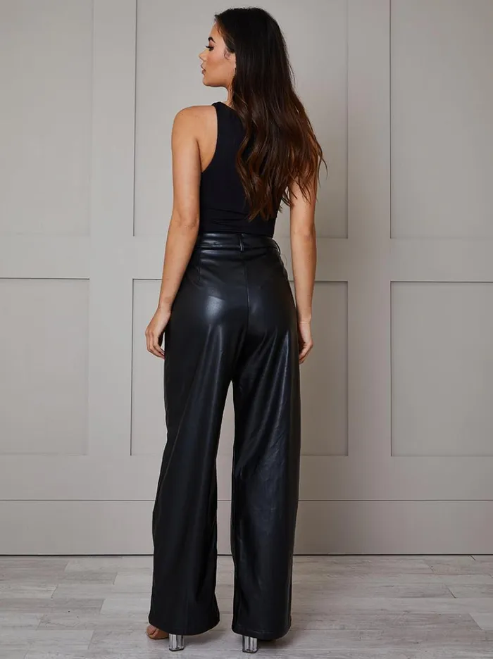 Chi Chi London Faux Leather Wide Leg Trousers In Black Women Jeans and Trousers
