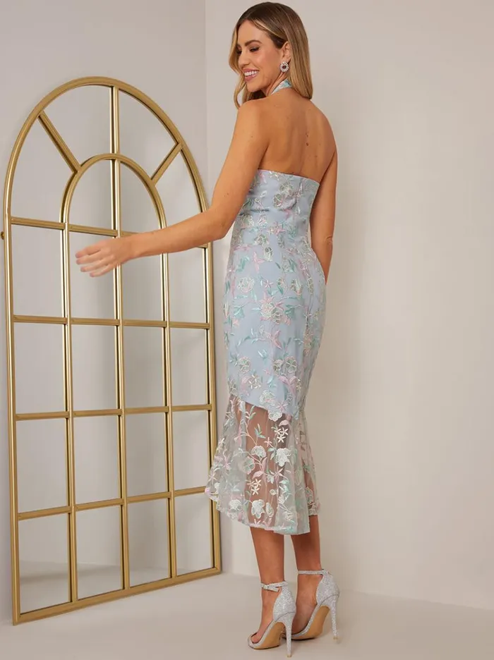 Chi Chi London Halter Neck Floral Embroidered Bodycon Dress In Blue Women Bodycon Dresses