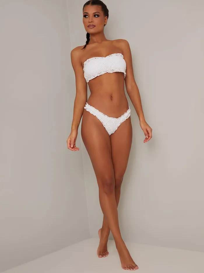Chi Chi London High Leg Broderie Anglaise Bikini Bottom In White Women Swimwear and Beachwear