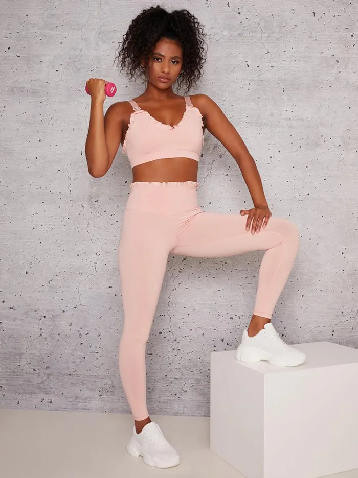Chi Chi London High Waist Frill Detail Sports Leggings In Pink Women Activewear