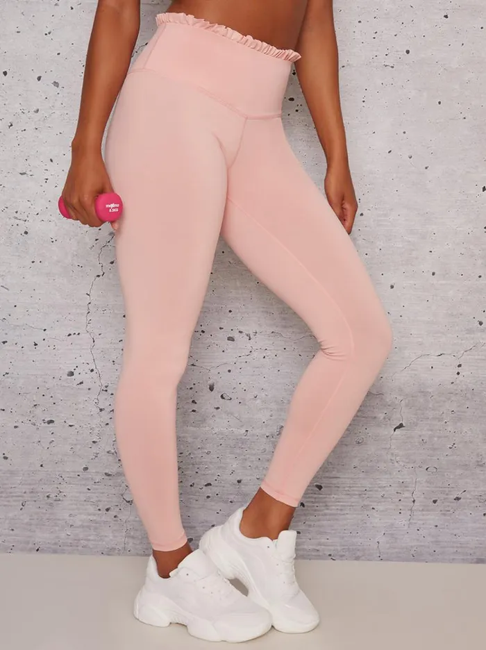 Chi Chi London High Waist Frill Detail Sports Leggings In Pink Women Activewear