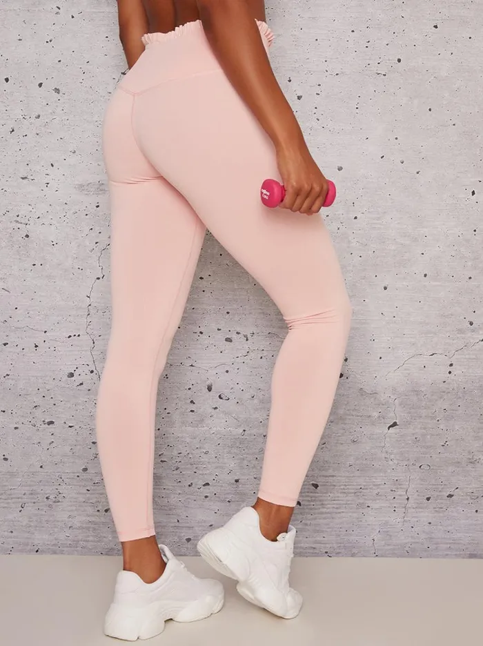 Chi Chi London High Waist Frill Detail Sports Leggings In Pink Women Activewear