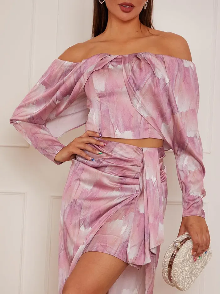 Chi Chi London Long Sleeve Bardot Watercolour Top In Pink Women Sets and CoOrds