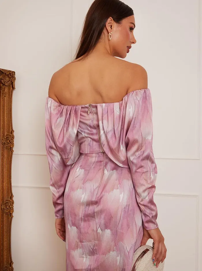 Chi Chi London Long Sleeve Bardot Watercolour Top In Pink Women Sets and CoOrds