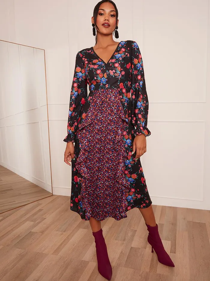 Chi Chi London Long Sleeve Plunge Floral Printed Midi Dress In Black Women Floral Dresses Chi Chi London Long Sleeve Plunge Floral Printed Midi Dress In Black Women Floral Dresses