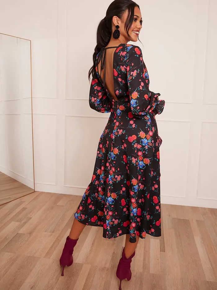 Chi Chi London Long Sleeve Plunge Floral Printed Midi Dress In Black Women Floral Dresses