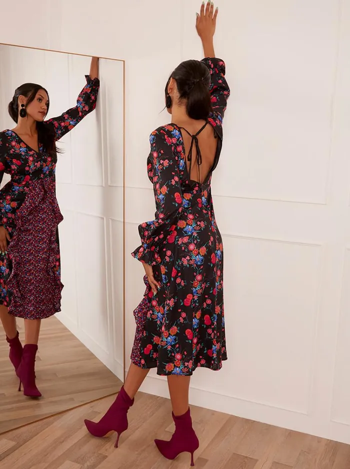 Chi Chi London Long Sleeve Plunge Floral Printed Midi Dress In Black Women Floral Dresses