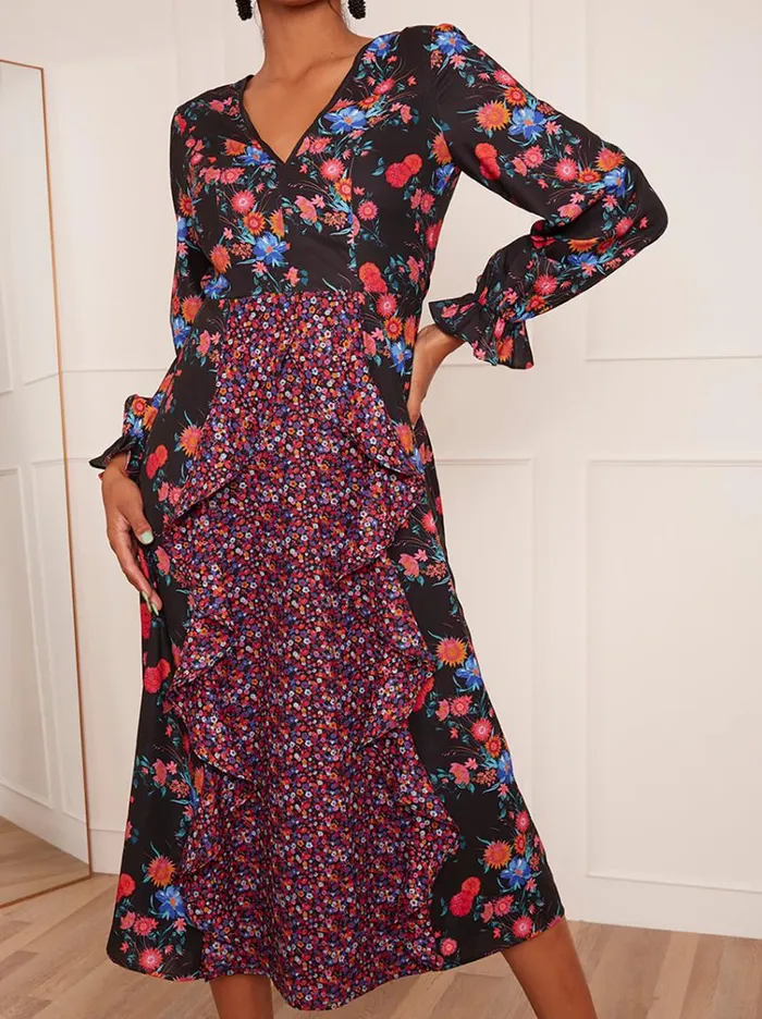 Chi Chi London Long Sleeve Plunge Floral Printed Midi Dress In Black Women Floral Dresses
