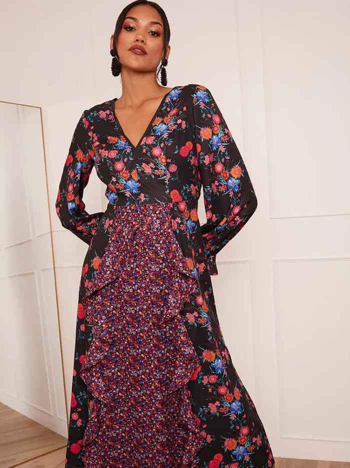 Chi Chi London Long Sleeve Plunge Floral Printed Midi Dress In Black Women Floral Dresses