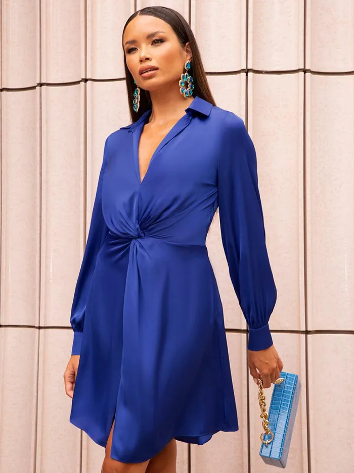 Chi Chi London Long Sleeve Plunge Twist Detail Midi Dress In Blue Women Skater Dresses