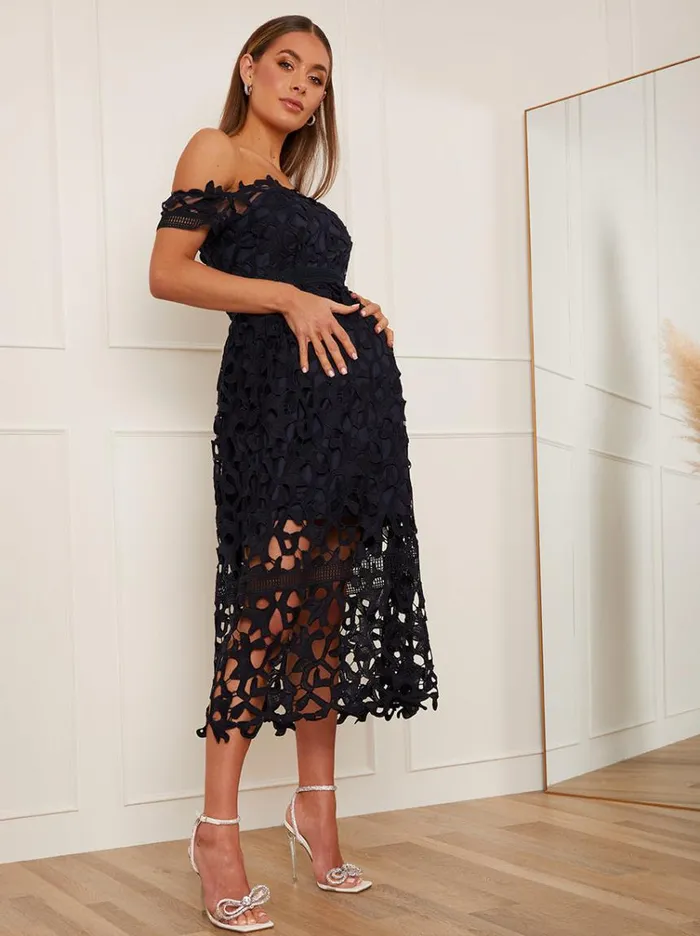 Chi Chi London Maternity Bardot Lace Midi Crochet Dress In Navy Blue Women Skater Dresses Chi Chi London Maternity Bardot Lace Midi Crochet Dress In Navy Blue Women Skater Dresses